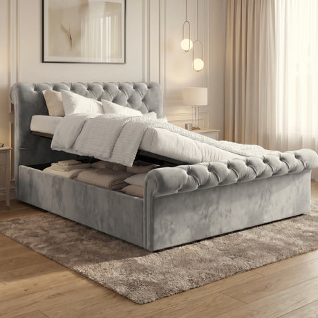 [King | Grey] Side-lift raised king Chesterfield ottoman bed revealing under-bed storage with bedding up
