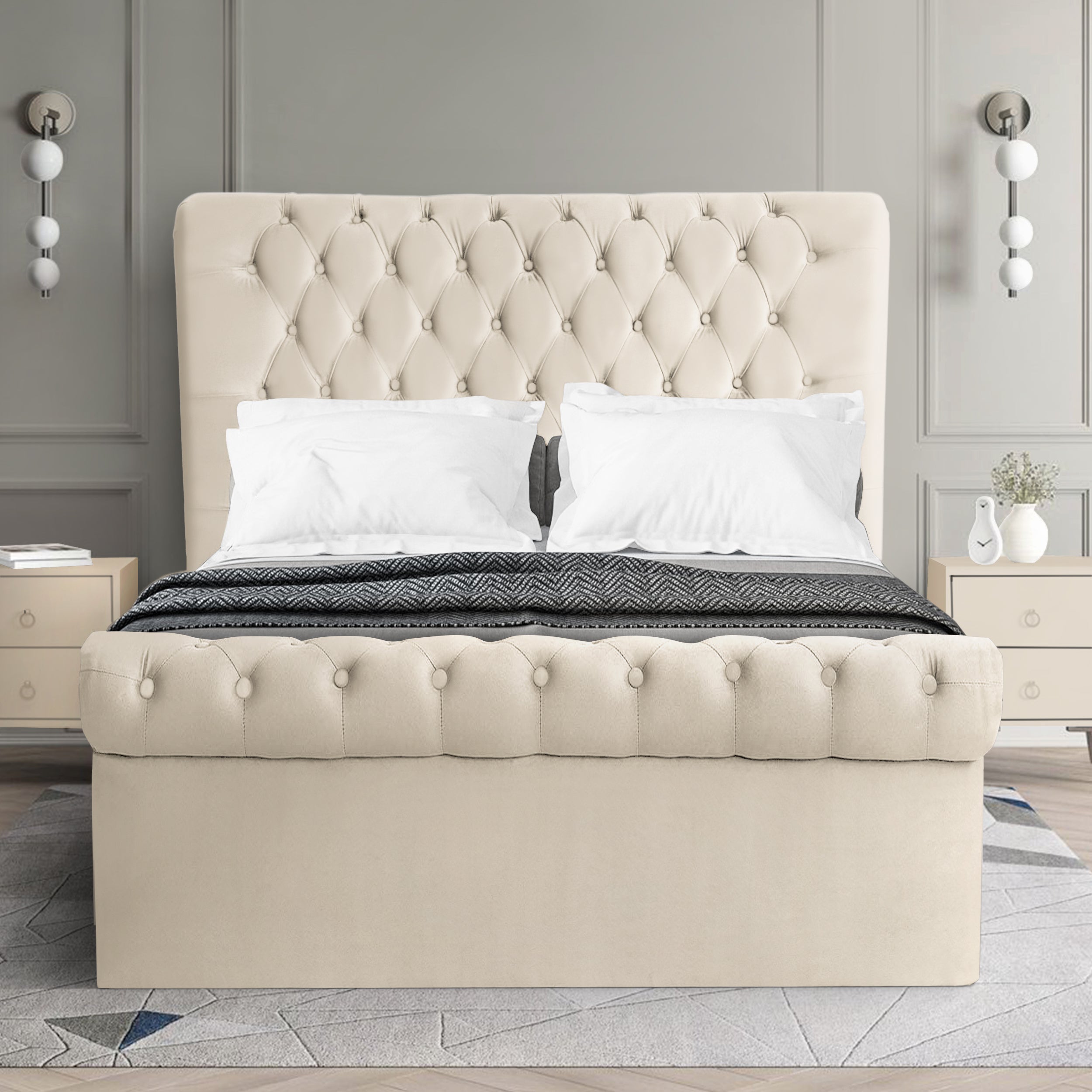 Chesterfield ottoman bed in king size with elegant tufted design and generous under-bed storage.