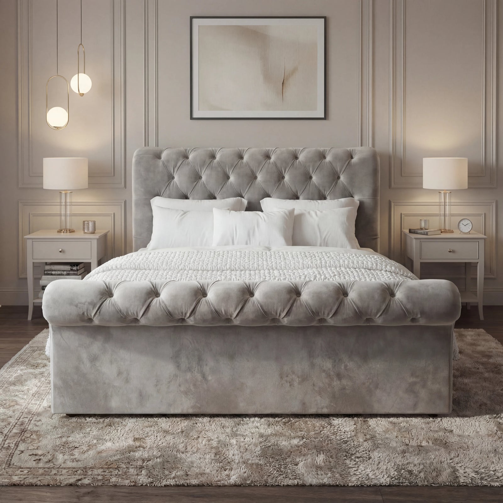 [Double | Grey] Chesterfield ottoman bed front view with tall tufted headboard and scroll footboard in bedroom