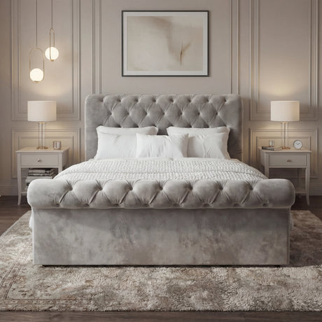 [King | Grey] Chesterfield ottoman bed king front-facing, diamond-buttoned headboard and scroll footboard