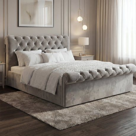 [King | Grey] Chesterfield ottoman bed king angled view with diamond buttoned scroll frame