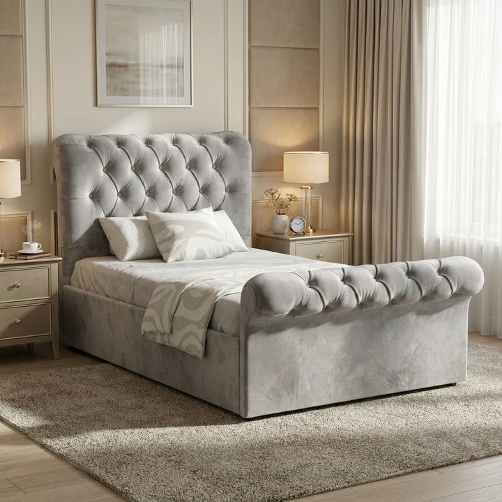 [Single | Grey] Chesterfield ottoman bed in light grey velvet, scroll tufted headboard and footboard, side angle