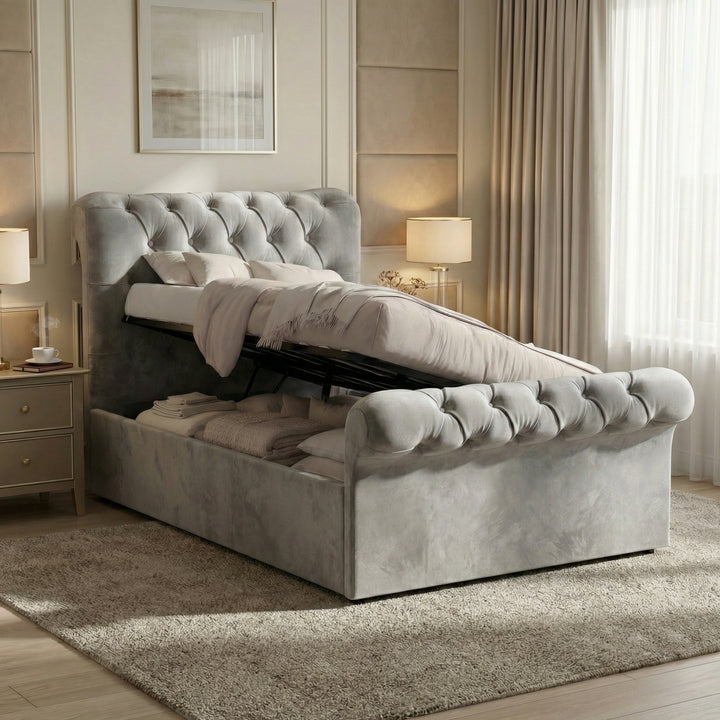 [Single | Grey] Chesterfield ottoman bed with side-lift gas piston raising mattress to reveal under-bed storage