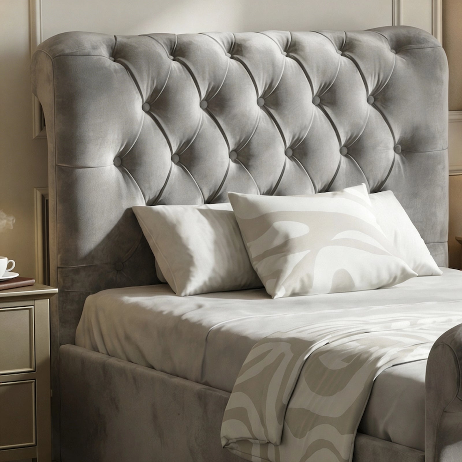 [Single | Grey] Close detail of Chesterfield storage bed tufted headboard with pillows in light grey velvet