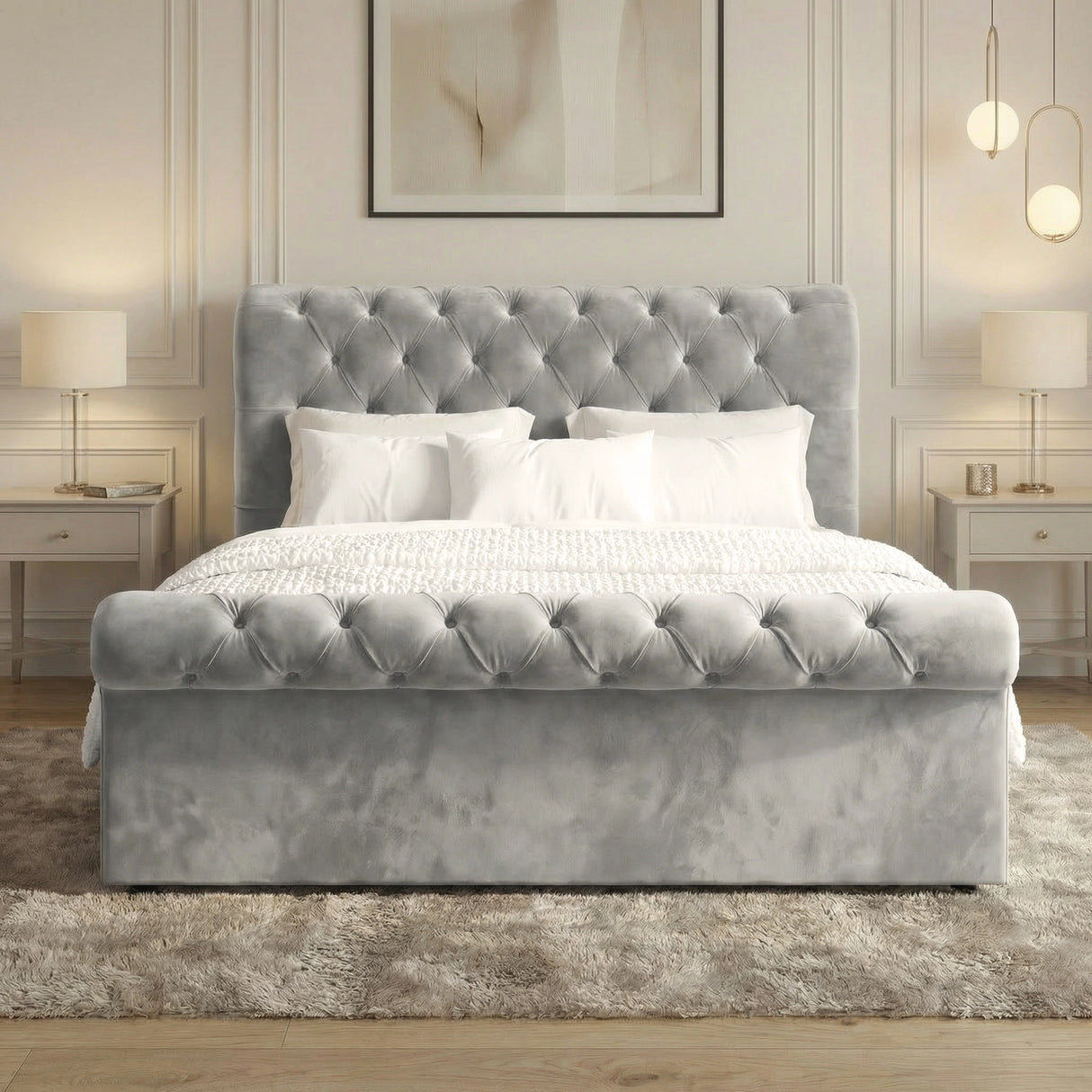 [Small Double | Grey] Grey Chesterfield ottoman bed front elevation with scroll headboard flanked by nightstands