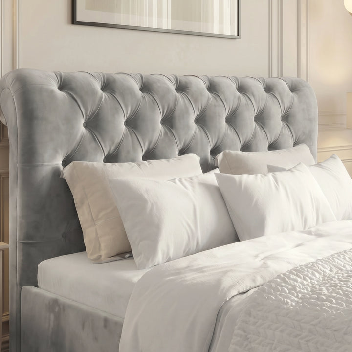 [Small Double | Grey] Close-up diamond button-tufted scroll headboard on grey Chesterfield ottoman bed with bedding