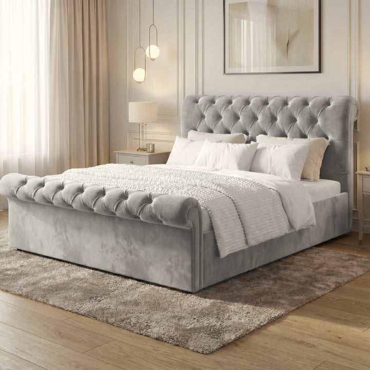 [Small Double | Grey] Tight headboard Chesterfield ottoman bed showing grey velvet button tufting and scroll edge