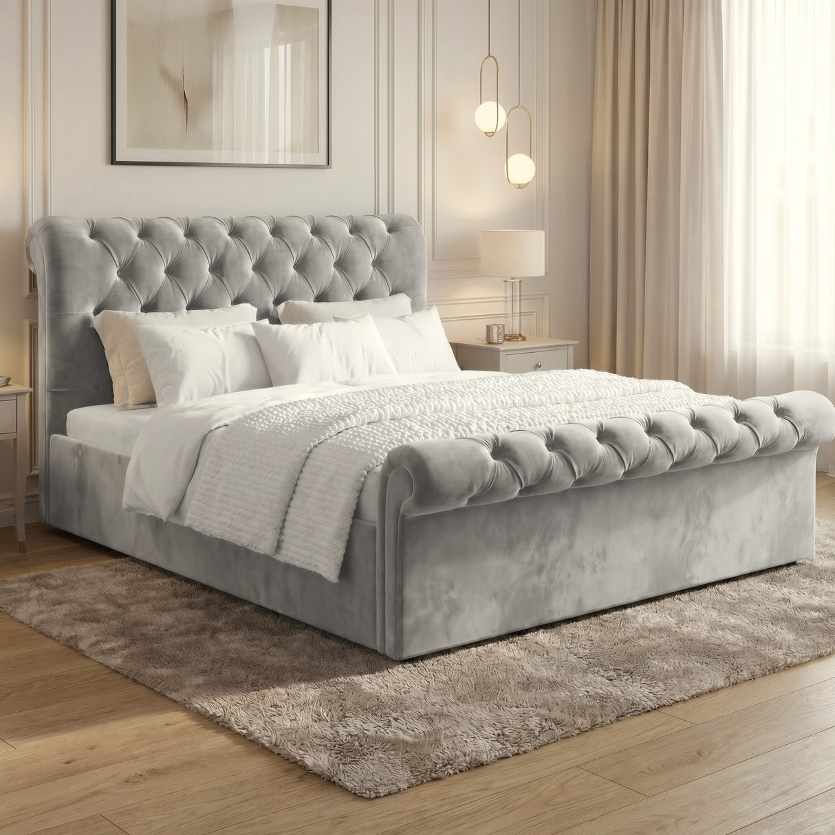 [Small Double | Grey] Chesterfield ottoman bed grey velvet with scroll tufted headboard and footboard in styled bedroom