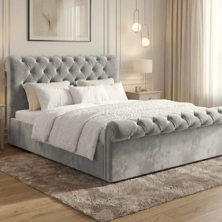 [Small Double | Grey] Chesterfield ottoman bed grey velvet with scroll tufted headboard and footboard in styled bedroom