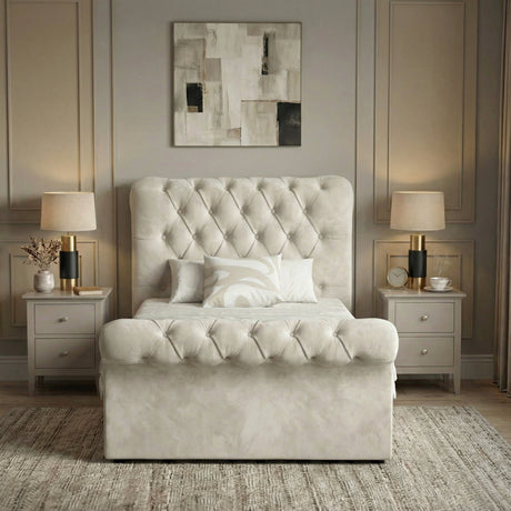 [Single | Beige] Front view of chesterfield ottoman bed with tufted headboard flanked by matching bedside tables