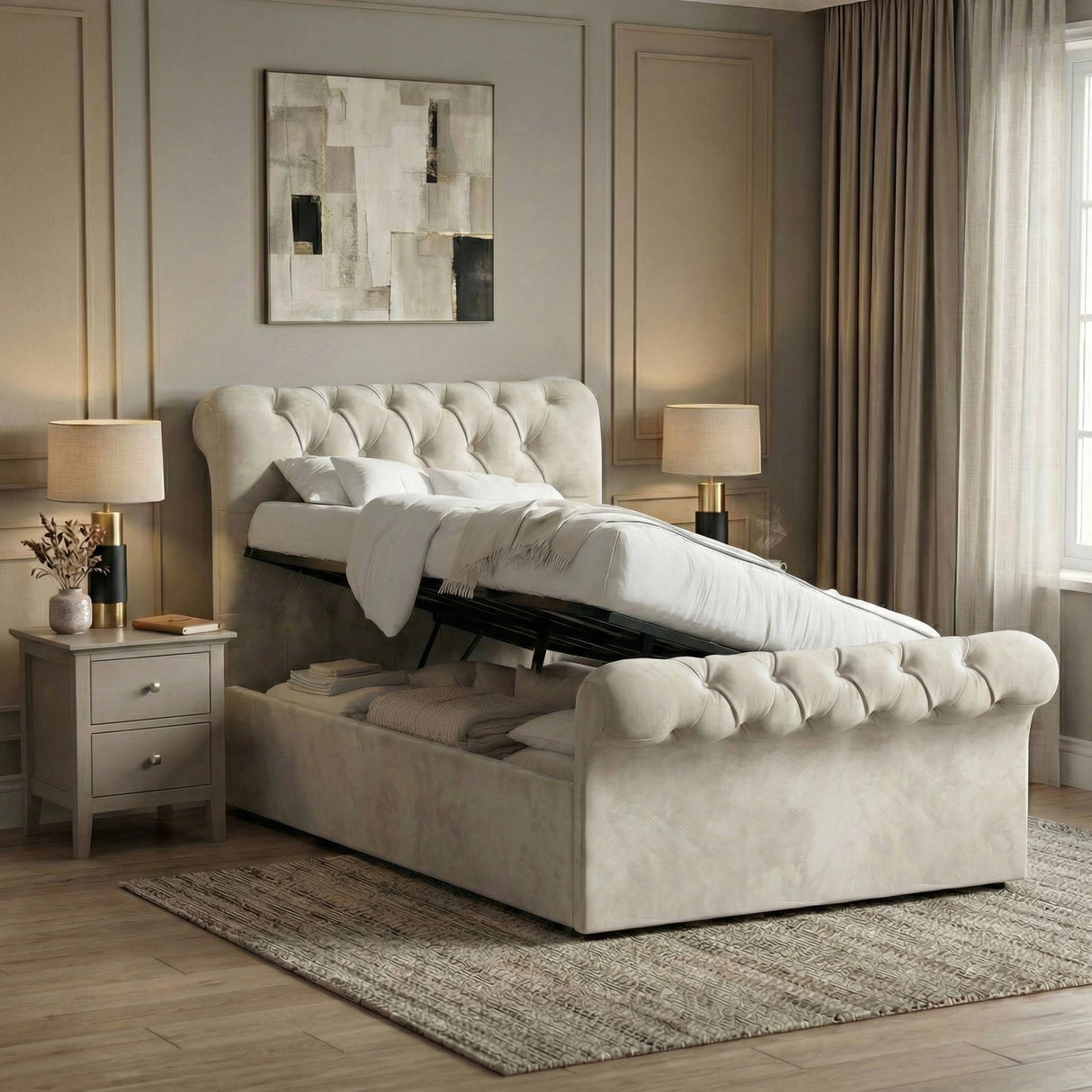 [Single | Beige] Side-lift ottoman mechanism raised showing full underbed storage compartment with belongings inside