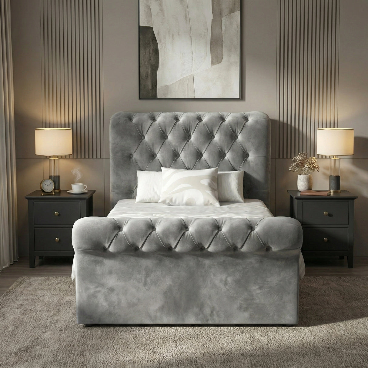 [Single | Dark Grey] Front view of chesterfield ottoman bed with tufted headboard flanked by matching bedside tables