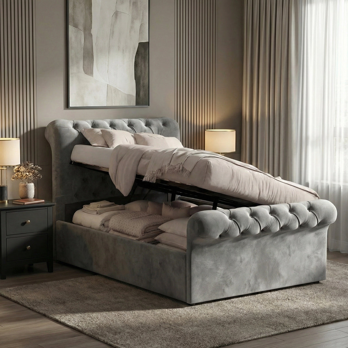 [Single | Dark Grey] Side-lift ottoman mechanism raised showing full underbed storage compartment with belongings inside