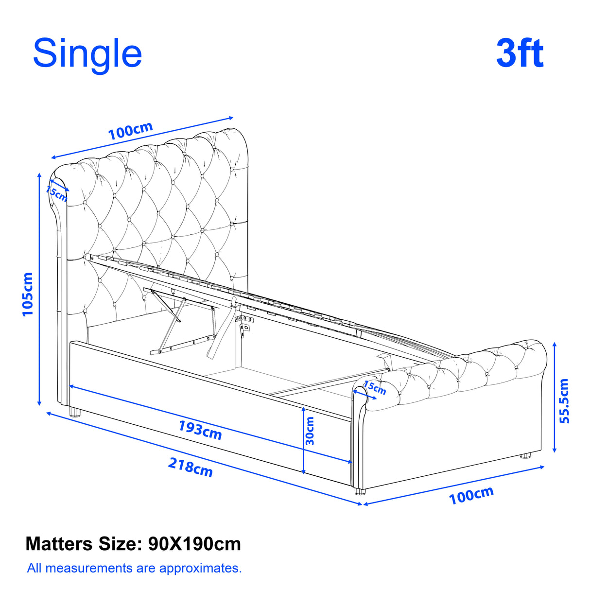 Chesterfield Ottoman Storage Bed | Side Lift Ottoman Bed Frame in single size 3ft with dimensions 218x100x105cm and 90x190cm mattress fit.