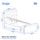 Chesterfield Ottoman Storage Bed | Side Lift Ottoman Bed Frame in single size 3ft with dimensions 218x100x105cm and 90x190cm mattress fit.