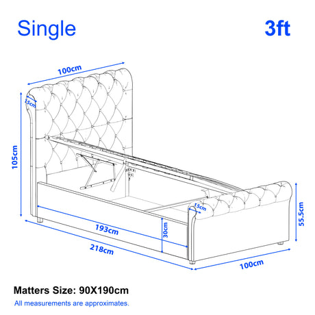 [Single | Grey] Dimension diagram showing 3ft ottoman bed measuring 100cm wide 218cm long and 105cm headboard height