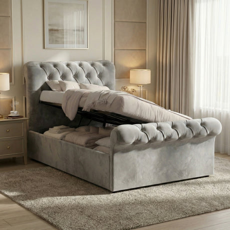 [Single | Grey] Side-lift ottoman mechanism raised showing full underbed storage compartment with belongings inside