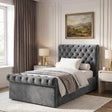 [Small Double | Dark Grey] Angled bedroom view with tufted headboard, scroll footboard, wall art and table lamps