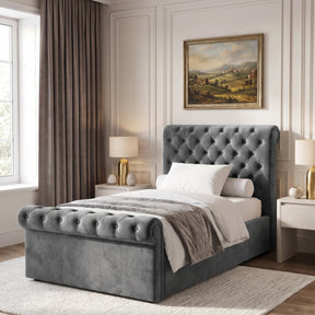 [Small Double | Dark Grey] Angled bedroom view with tufted headboard, scroll footboard, wall art and table lamps