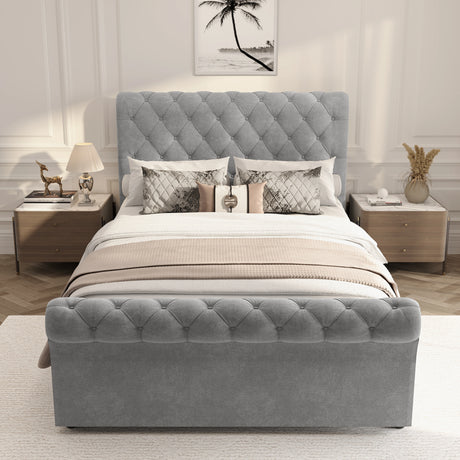 Chesterfield Ottoman Storage Bed in light grey with side lift mechanism, tufted headboard and footboard, ideal for modern bedrooms with hidden storage.
