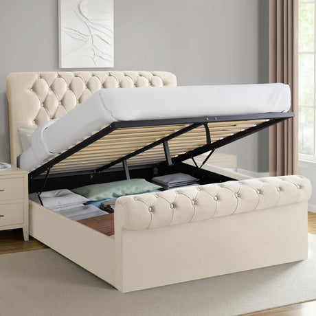 Chesterfield ottoman bed in the UK with luxurious velvet upholstery and spacious storage.