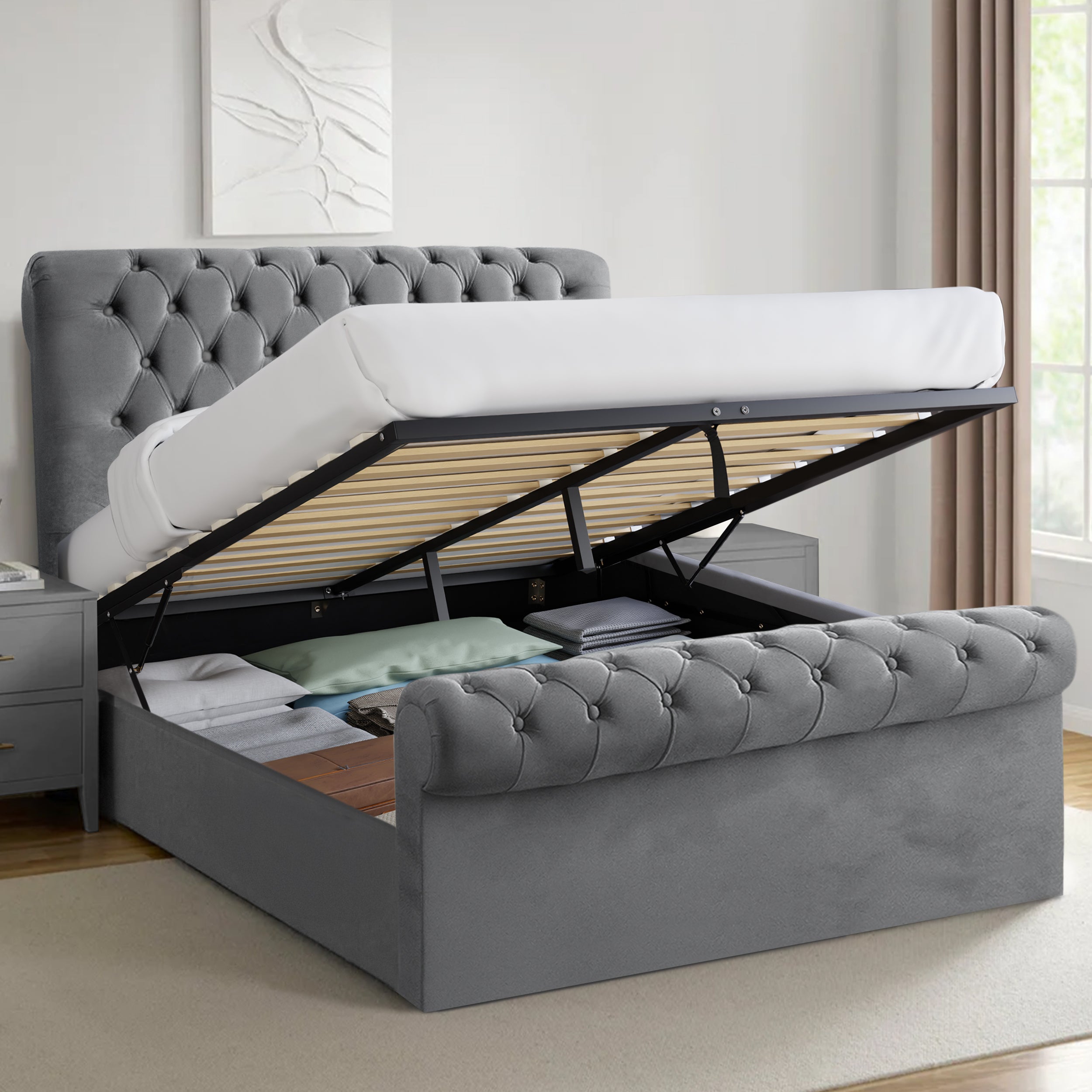 Chesterfield ottoman bed with luxurious tufted design and spacious under-bed storage.