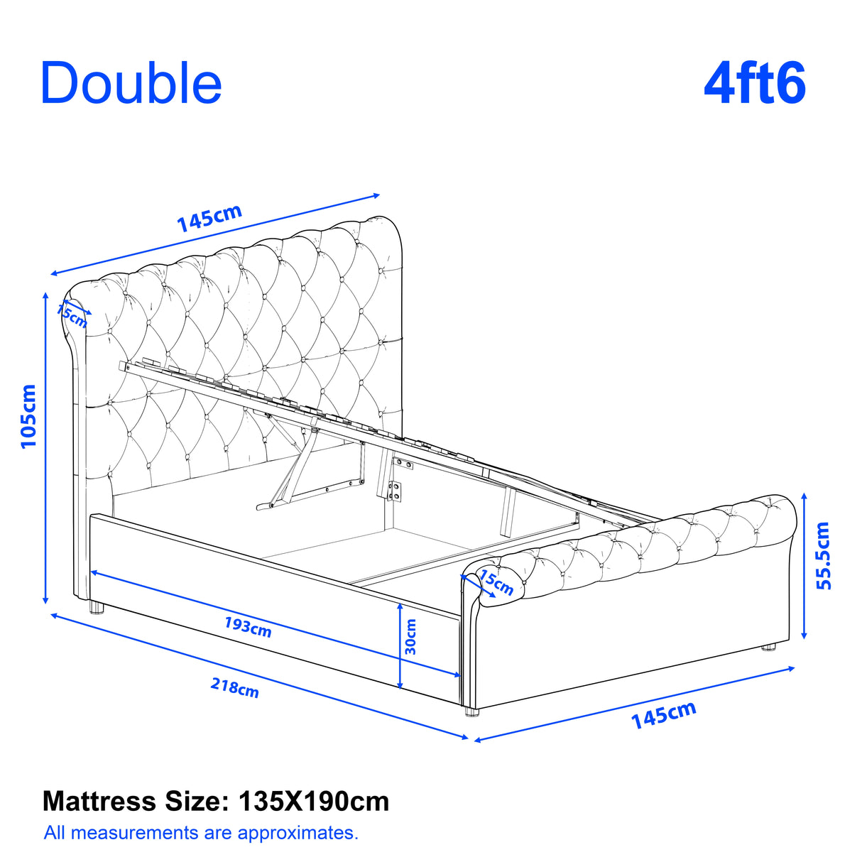 Chesterfield Ottoman Storage Bed - Side Lift Ottoman Bed Frame in double size with dimensions 4ft6, featuring tufted headboard and underbed storage.