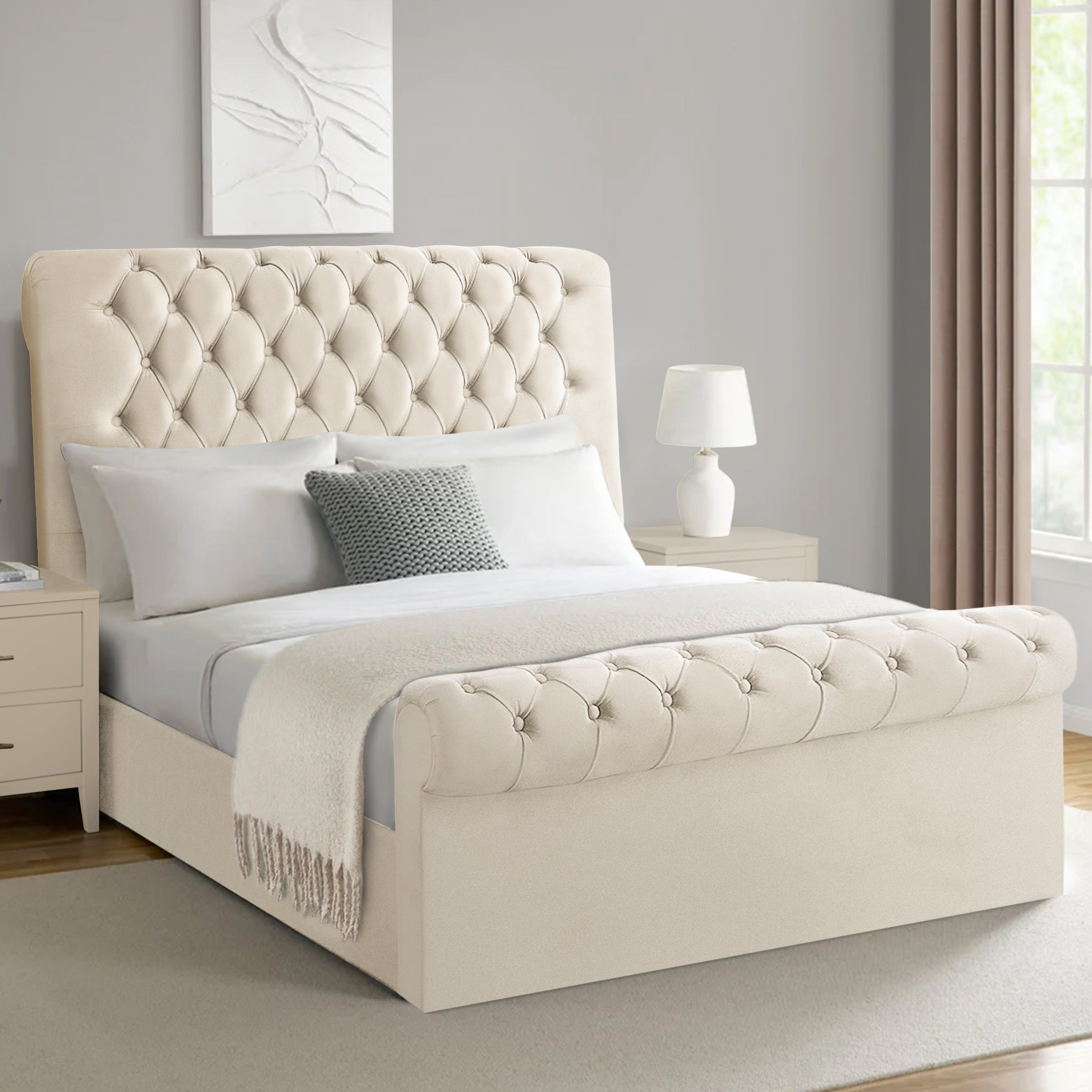 Chesterfield ottoman double bed with luxurious tufted design and spacious storage underneath.