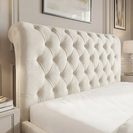 [Double | Beige] Tufted chesterfield headboard close-up with deep button detail and scroll top