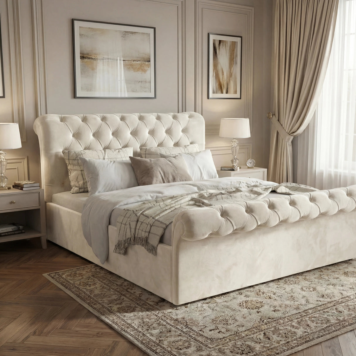 [Double | Beige] Chesterfield ottoman bed side angle on herringbone floor with curtains in background