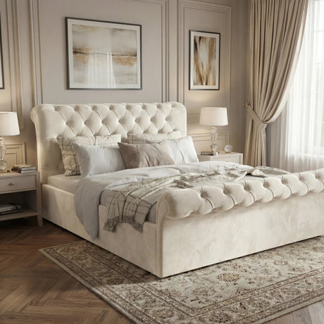 [Double | Beige] Chesterfield ottoman bed side angle on herringbone floor with curtains in background