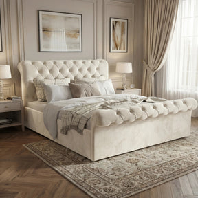 [King | Beige] Side profile of diamond-buttoned king chesterfield bed in luxurious styled bedroom