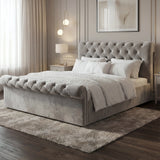 [King | Grey] Bedroom lifestyle angle showing tufted chesterfield bed with scroll headboard detail