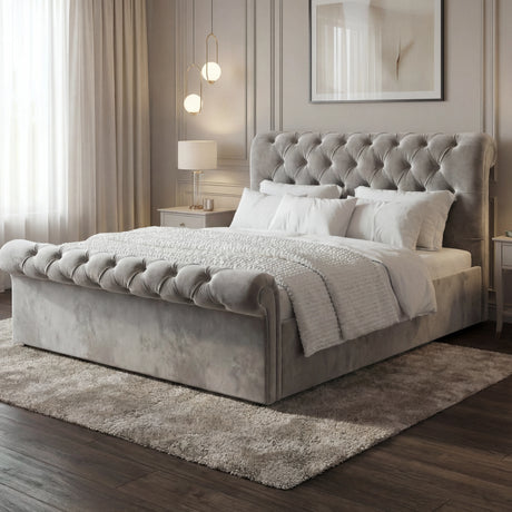 [King | Grey] Bedroom lifestyle angle showing tufted chesterfield bed with scroll headboard detail