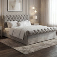 [King | Grey] Side profile of diamond-buttoned king chesterfield bed in contemporary bedroom setting
