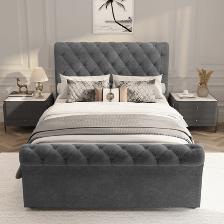 Gray upholstered bed with tufted design in a bedroom setting.