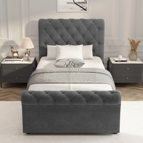 Chesterfield Ottoman Storage Bed in dark grey with side lift feature, tufted headboard and footboard, ideal for modern bedrooms with hidden storage.