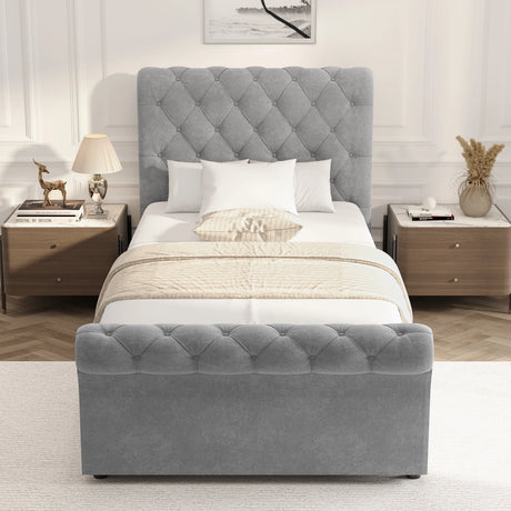 Chesterfield Ottoman Storage Bed in light grey with side lift feature, tufted headboard and footboard, shown in a modern bedroom setup.