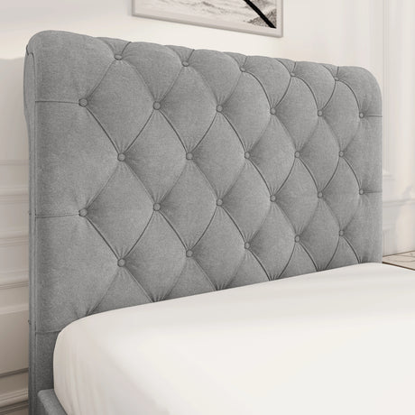 Chesterfield Ottoman Storage Bed in light grey with tufted headboard. Side lift ottoman bed frame ideal for hidden bedroom storage solutions.