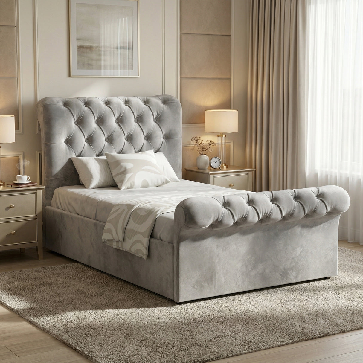 [Single | Grey] Chesterfield ottoman bed with diamond-tufted headboard and scrolled footboard in styled bedroom