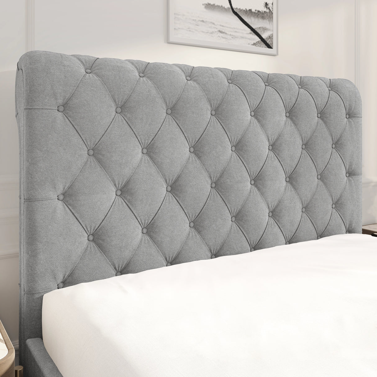 Chesterfield Ottoman Storage Bed with side lift in light grey fabric featuring a deep button-tufted headboard. Elegant platform bed frame for modern bedrooms.