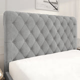 Chesterfield Ottoman Storage Bed with side lift in light grey fabric featuring a deep button-tufted headboard. Elegant platform bed frame for modern bedrooms.
