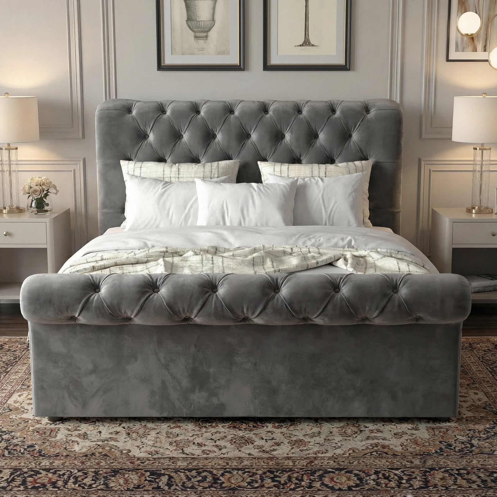 [Small Double | Dark Grey] Chesterfield velvet ottoman bed viewed from front, framed by twin lamps and mirrored nightstands
