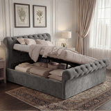 [Small Double | Dark Grey] Chesterfield bed gas lift mechanism open displaying hidden storage capacity