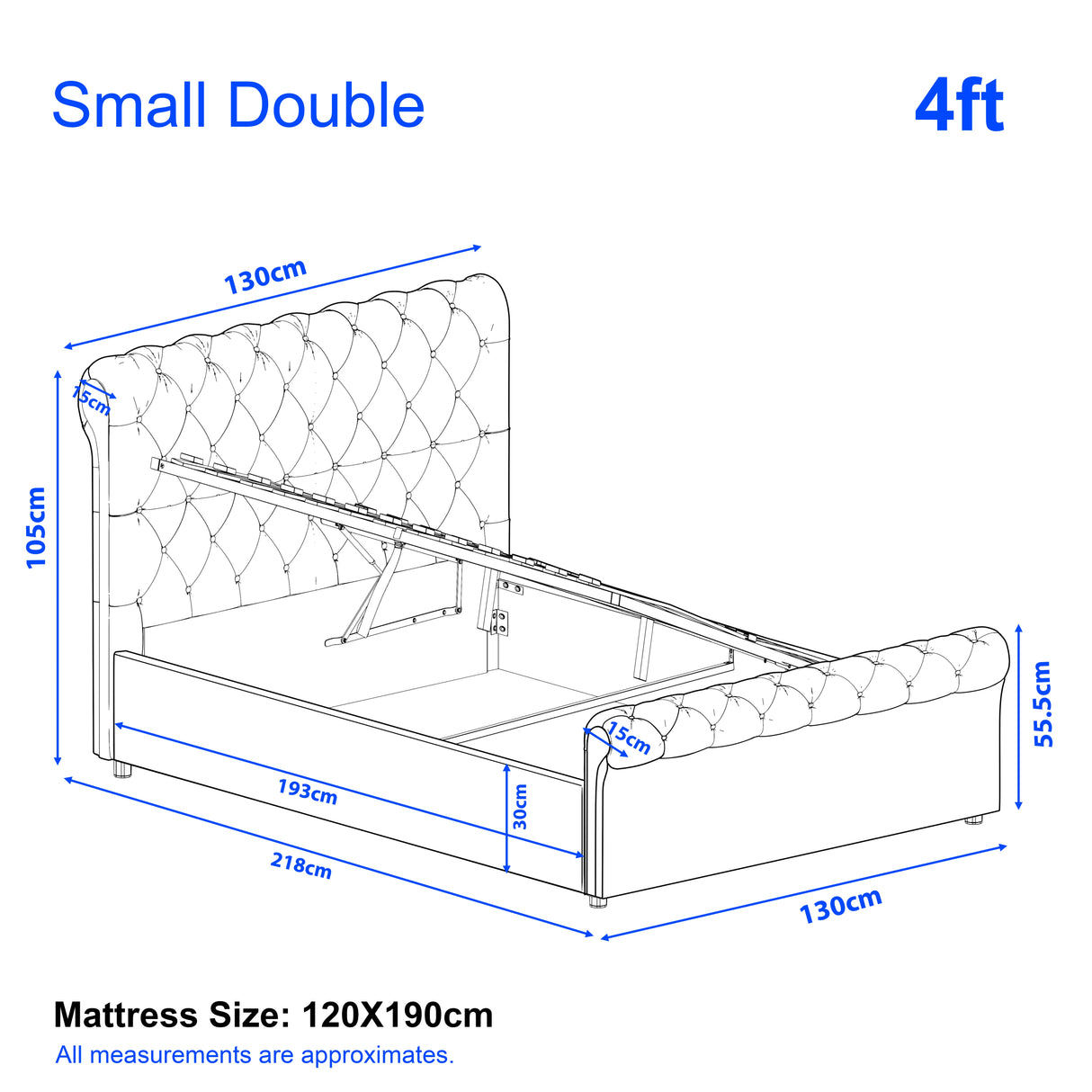 [Small Double | Grey] Dimension diagram showing 130 cm width 218 cm length 105 cm height and 30 cm storage