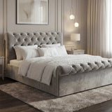 [Small Double | Grey] Chesterfield ottoman bed side angle showing scroll headboard and velvet tufted frame
