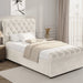 Chesterfield Ottoman Storage Bed in beige with side lift mechanism, tufted headboard and footboard, ideal for elegant bedroom storage solutions.