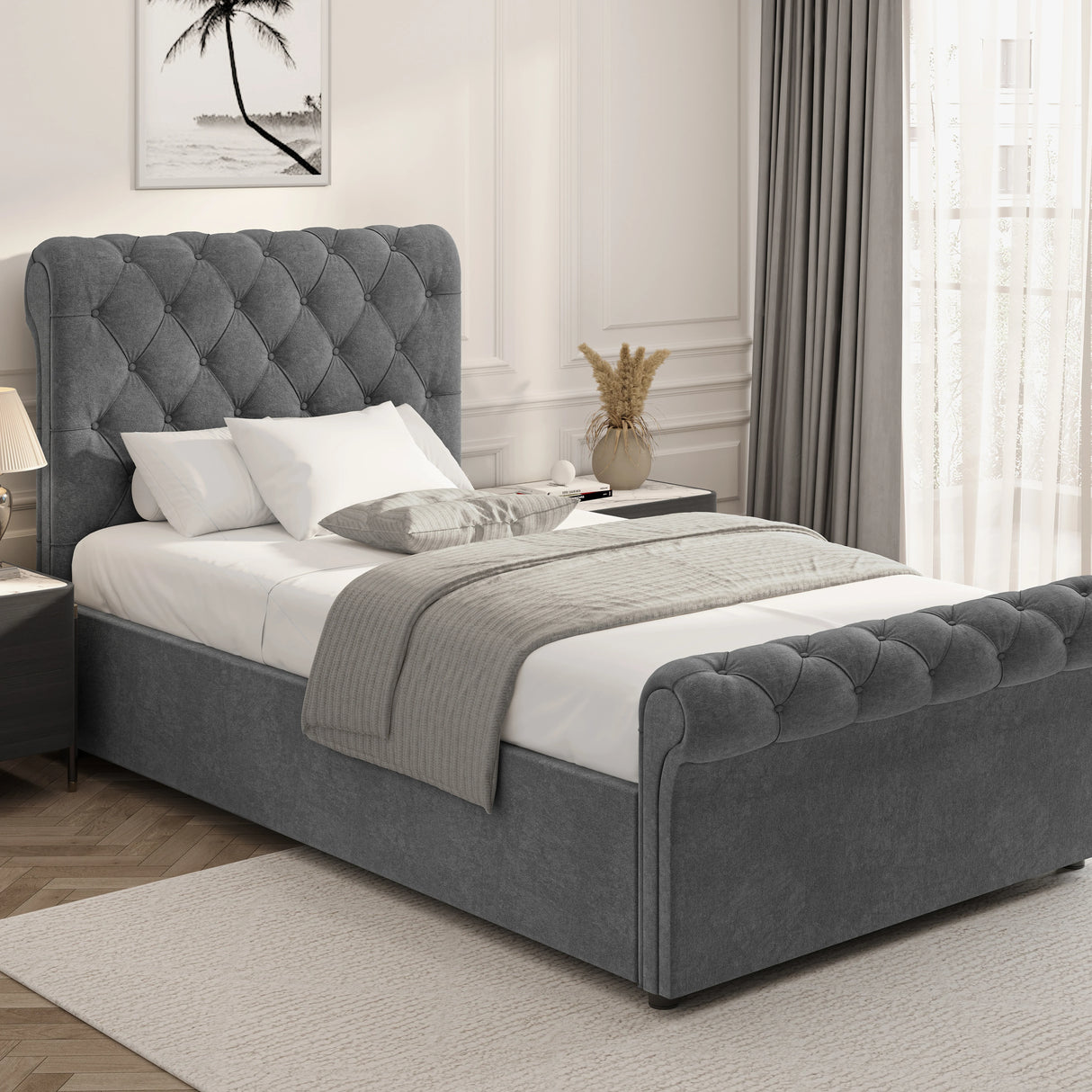 Chesterfield Ottoman Storage Bed in dark grey with side lift mechanism, tufted headboard and footboard, ideal for modern bedroom storage solutions.
