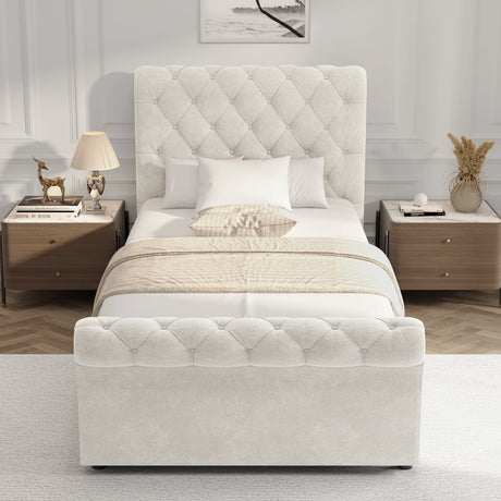Chesterfield Ottoman Storage Bed in beige with side lift mechanism, tufted headboard and footboard, ideal for elegant bedroom storage solutions.