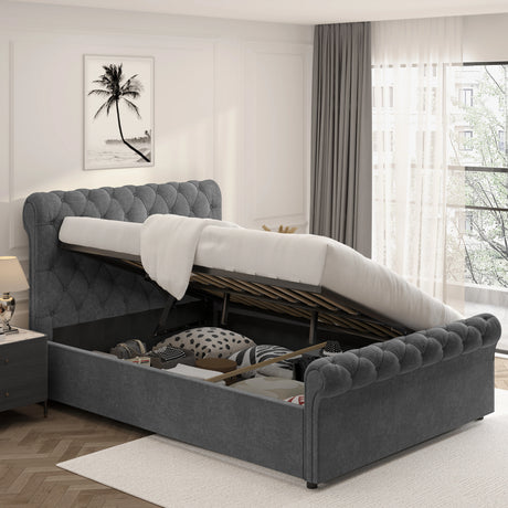 Chesterfield Ottoman Storage Bed in dark grey with side lift mechanism, tufted headboard and hidden under-bed storage filled with bedding items.